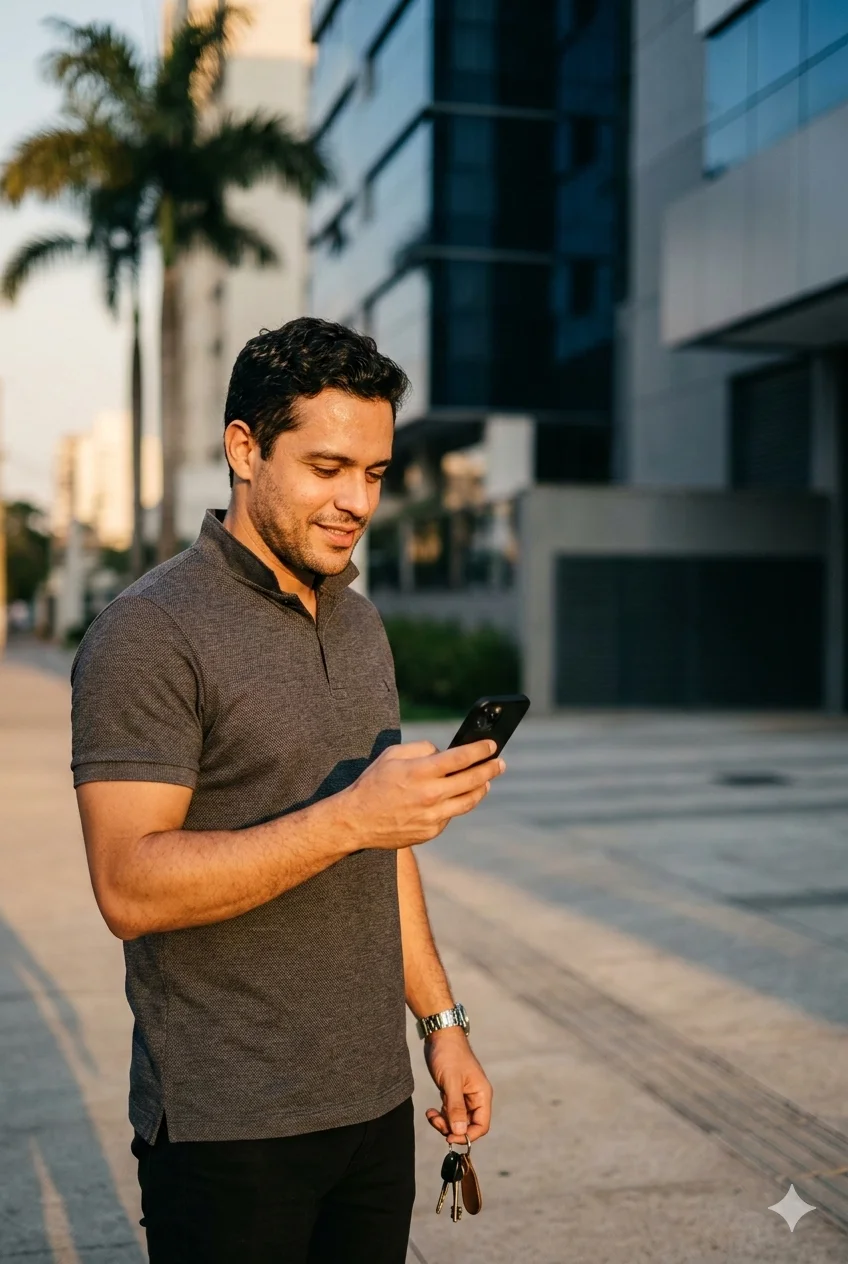 Corretor usando o celular na rua em frente a um prédio