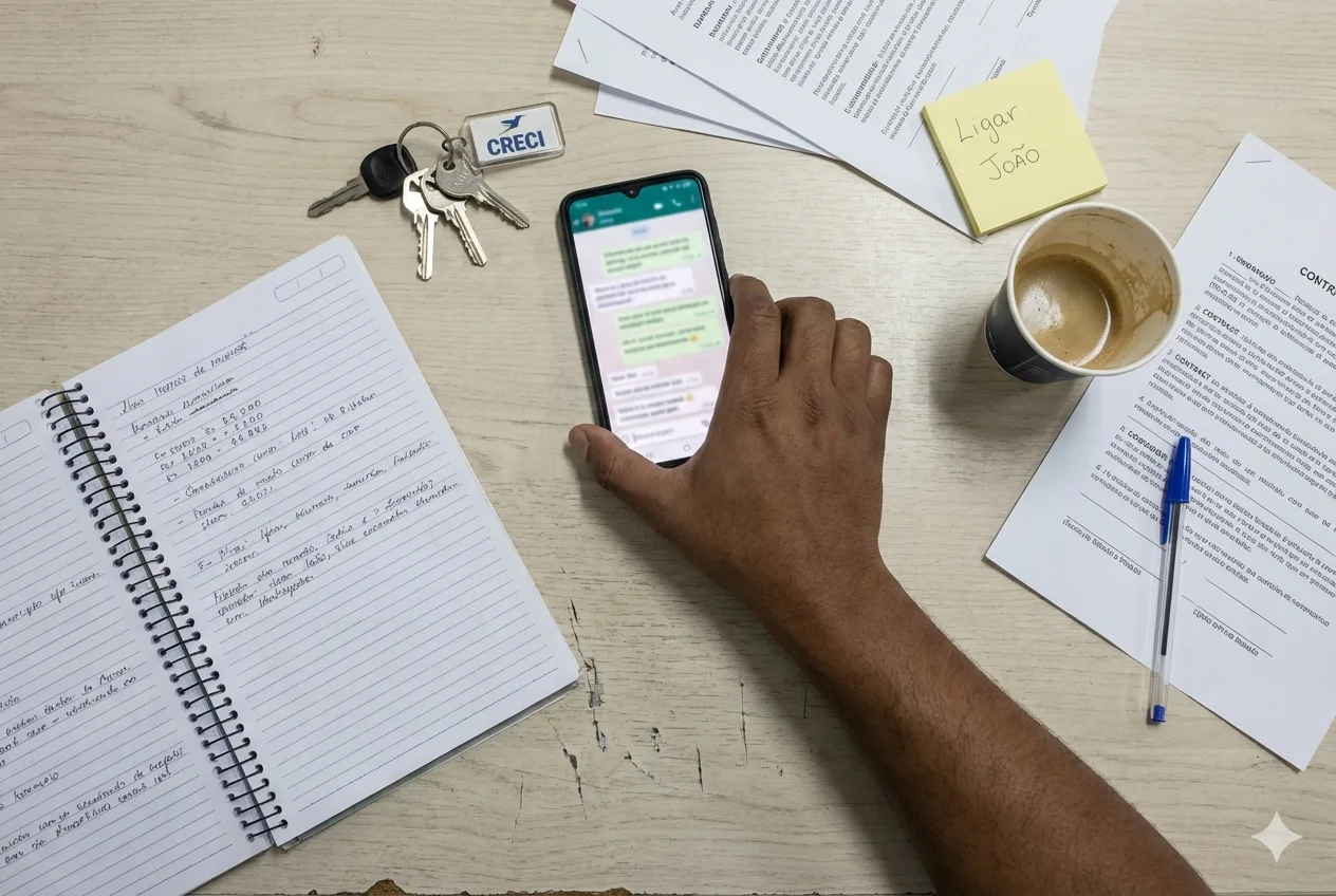 Corretor frustrado olhando para anotações bagunçadas